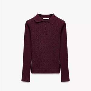 Zara Ribbed Polo Cardigan in Wine